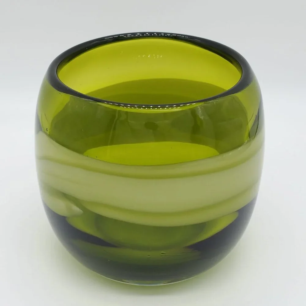 Vintage Pier 1 Hand Blown Green Glass Candle Holder, Art Glass, Decor